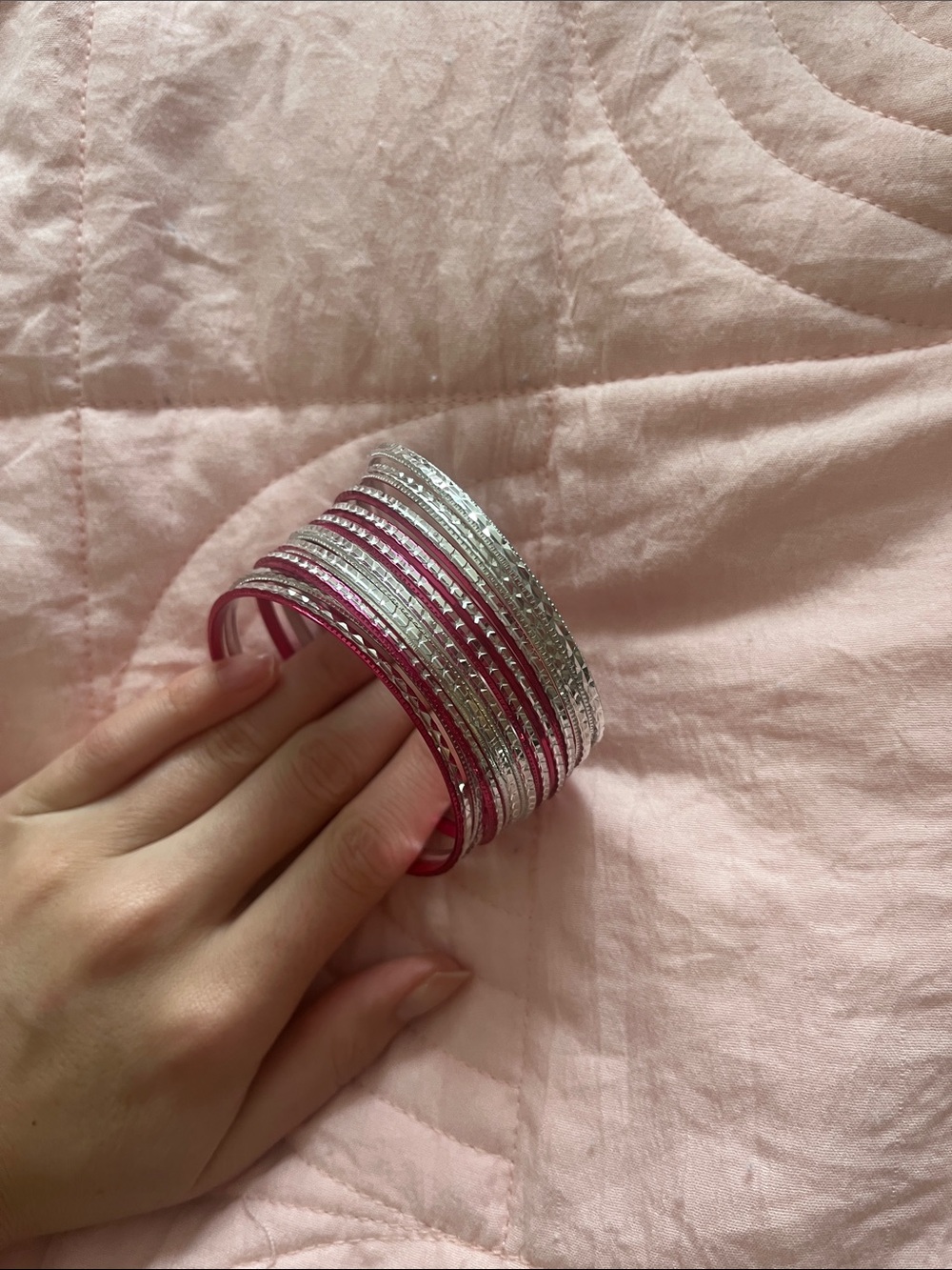 Women’s Pink and Silver Stacked Bangle Bracelets